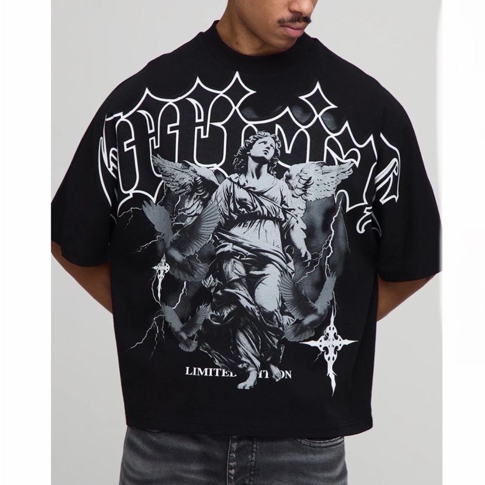 Boohoo Man Black Oversized Boxy Heavyweight Angel Printed T-Shirt Small